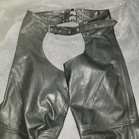 PRO FORCE Leather Chaps Black BIKER Belted Riding Pants Motorcycle Size XXXL 3X - Picture 2 of 14